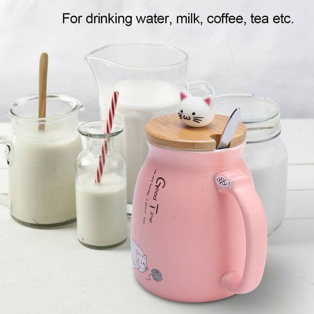 Ceramic Cup with Spoon and Lid Coffee Water Milk Mug Lovely Cat for Drinkware Girls Boys Gift 1Pc Pink